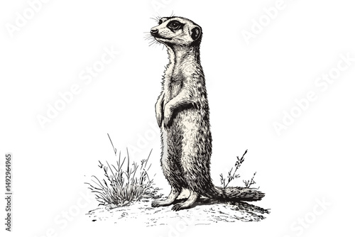 Meerkat Standing Tall Sketch, Hand-drawn Savannah Wildlife, Vintage Monochrome Etching Style, Antique Nature Art, Old Engraving Illustration, Black and White Animal Drawing
