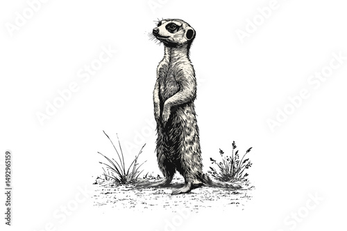 Meerkat in Savannah, Vintage Hand Sketch, Old Etching Style Illustration, Antique Wildlife Drawing, Monochrome Animal Artwork, Retro Nature Pencil Design, Wildlife Art Print