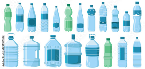 Collection of different plastic water bottle shapes and sizes in flat cartoon style, isolated on white background. Concept of packaging. Vector illustration