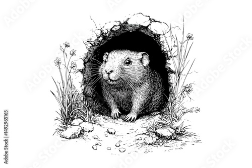 Monochrome Mole in Tunnel, Vintage Fauna Etching, Rustic Wildlife Line Drawing, Black Ink Sketch, Hand-drawn Nature Animal Print, classic forest animal, subterranean wildlife scene