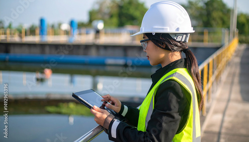 Engineering Expertise: A skilled engineer, diligently overseeing a wastewater treatment plant, utilizes a tablet to analyze crucial data, ensuring operational efficiency and sustainability.