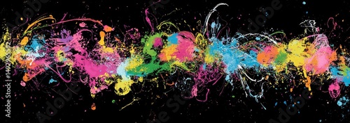 Vibrant multicolored paint splatters on black
