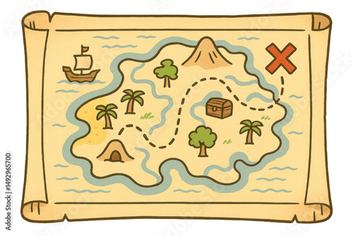 Cartoon treasure map showing a path leading to a treasure chest on a tropical island with transparent background