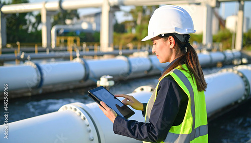 Industrial Integrity: A female engineer inspects the vital infrastructure of a water treatment plant, utilizing a tablet to ensure efficiency, and quality. A scene of responsibility.