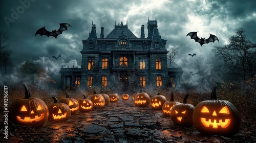 spooky background with a haunted mansion, jack-o'-lanterns glowing along the pathway, and bats fluttering in front of a cloudy sky.