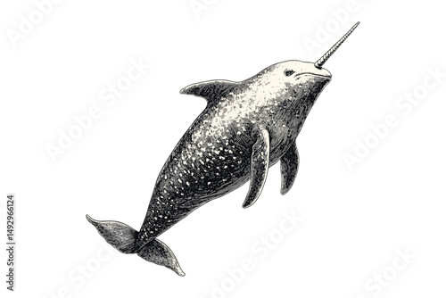 Narwhal with Long Tusk Engraving, Vintage Arctic Animal, Hand-drawn Wildlife Etching, Black Sketch, Retro Nautical Style, Marine Design, Ocean Creature, Vintage Animal Art