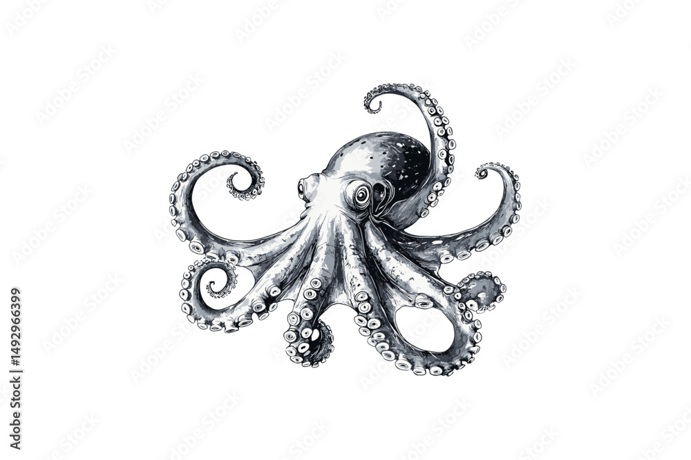 Obraz premium Vintage Engraving of Octopus Tentacles, Monochrome Ocean Wildlife Sketch, Retro Nautical Etching Style, Hand-drawn Sea Animal Illustration, Old Marine Creature Design