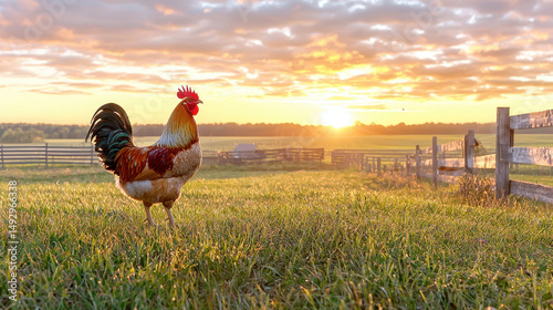 Vibrant rooster stands proudly lush green field sunrise, with beautiful sky and wooden fence background, evoking sense