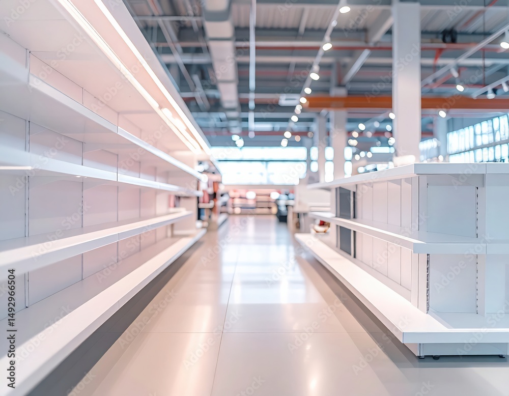Obraz premium Spacious aisle in modern retail store featuring empty shelves and contemporary design elements