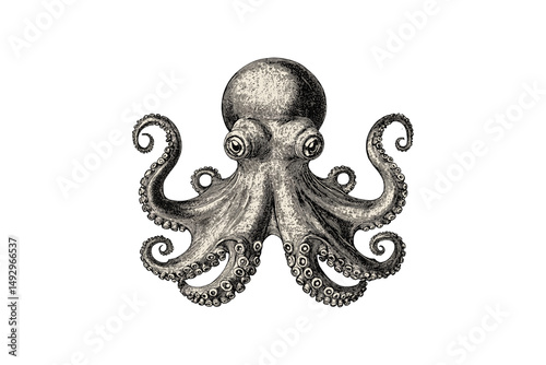 Monochrome Octopus Tentacles Spread, Vintage Marine Creature Engraving, Retro Nautical Sea Animal Drawing, Hand-drawn Ocean Wildlife Sketch, Old Etching Style