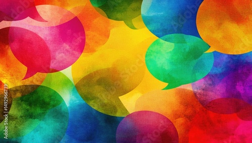 Vibrant watercolor speech bubbles overlap, creating a dynamic, colorful communication concept