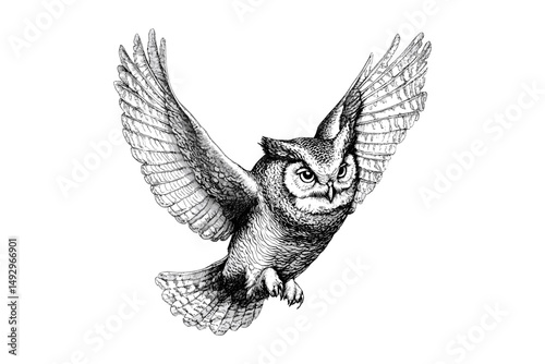 Owl Flying Engraving, Vintage Style Hand-drawn Bird Illustration, Monochrome Wildlife Sketch, Rustic Animal Etching, Ornithological Art, Nature Line Art, Trendy Black Sketch