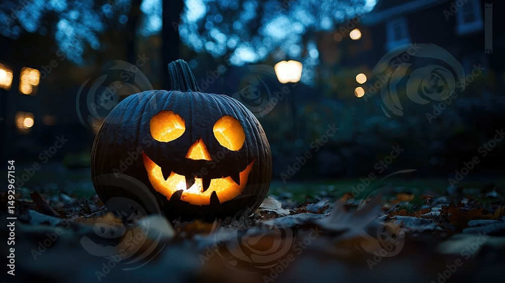 Naklejka premium spooky carved pumpkin glowing in the twilight, surrounded by autumn leaves that crunch underfoot as shadows grow long.