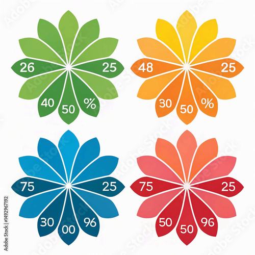 Pie chart set, segmented circle icons, color infographic flower round diagram, pie chart divided equ