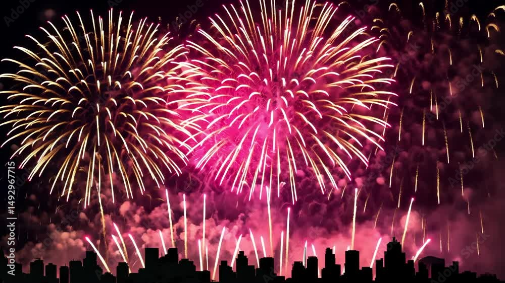 vibrant pink and gold fireworks exploding over silhouetted cityscape against dark night sky