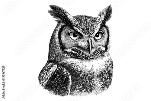 Owl with Wide Eyes, Old Engraving Style Bird, Vintage Wildlife Line Art, Monochrome Animal Sketch, Rustic Hand-Drawn Illustration, Forest Animal Poster, Stylish Nature Home Decor