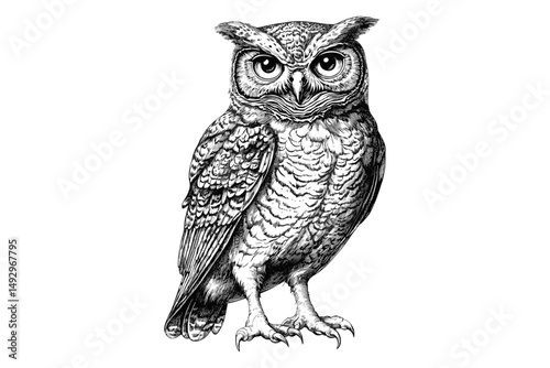 Rustic Owl Etching, Hand-Drawn Bird Line Art, Vintage Wildlife Illustration, Black and White Animal Sketch, Monochrome Forest Creature, Classic Nature Print, Trendy Home Wall Decor