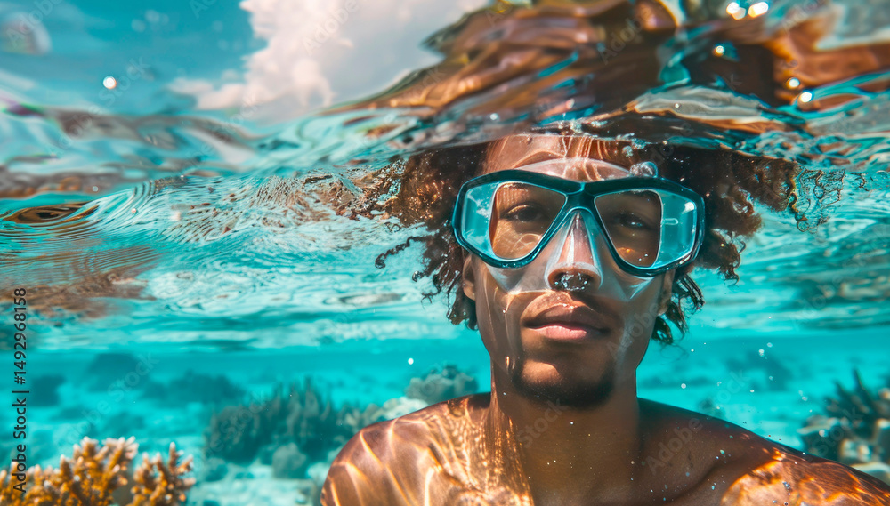 Naklejka premium Young Afro man in snorkeling mask taking underwater selfie near coral reef in clear transparent sea water. Active recreation, diving