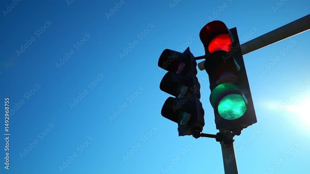 Traffic Light Cycle with Red and Green Signals against Bright Blue Sky In The City Perfect For Traffic Awareness Week