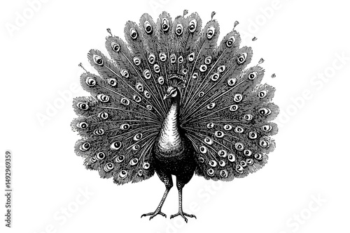 Retro Peacock Engraving with Open Feathers, Monochrome Bird Illustration, Vintage Exotic Animal Art, Black Sketch Tropical Nature Decor, Trendy Old Engraving Style