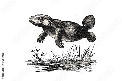 Vintage Platypus Engraving, Swimming Animal Sketch, Monochrome Wildlife Illustration, Hand-drawn Trendy Art, Black Sketch of Aquatic Mammal, Nature Art, Old Engraving