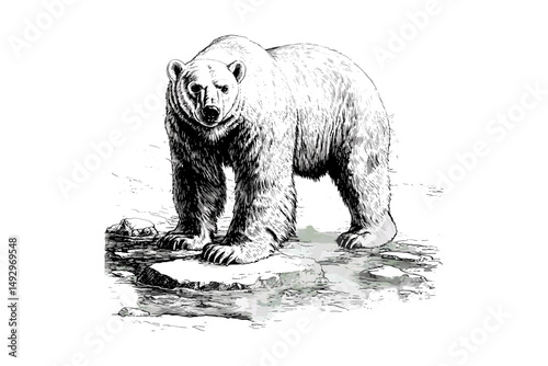 Hand-drawn Wildlife Etching, Vintage Mammal Illustration, Engraving of Polar Bear on Ice, Monochrome Arctic Animal Line Art, Retro Style, Wildlife Artwork