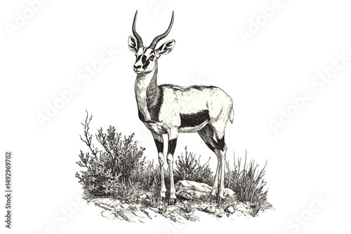 Vintage Wildlife Etching of Pronghorn Antelope, Retro Fauna Drawing, Monochrome Mammal Line Art, Detailed Nature Illustration, Rustic Animal Print, Black Sketch