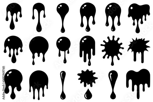 A colorful vector cartoon illustration set of wild elephant animal icons and silhouettes with prominent teeth designs, perfect for a zoo or safari collection