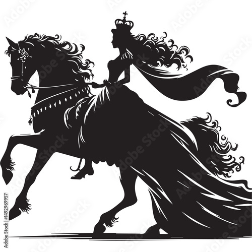 silhouette of a princess riding a horse, editable vector image