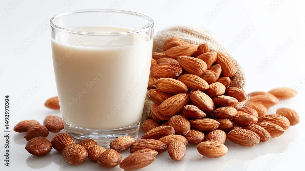Glass filled with almond milk isolated on white background for advertising campaigns Glass filled with almond milk isolated on white background for advertising campaigns