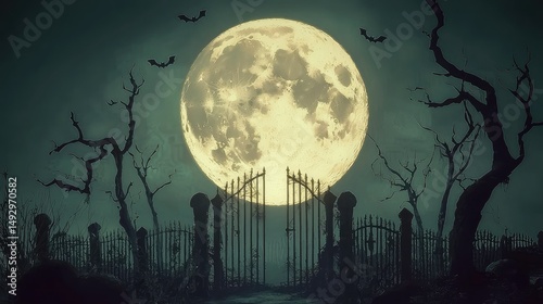 spooky moonlit background with graveyard gates, twisted trees, and bats fluttering around a glowing pumpkin patch.