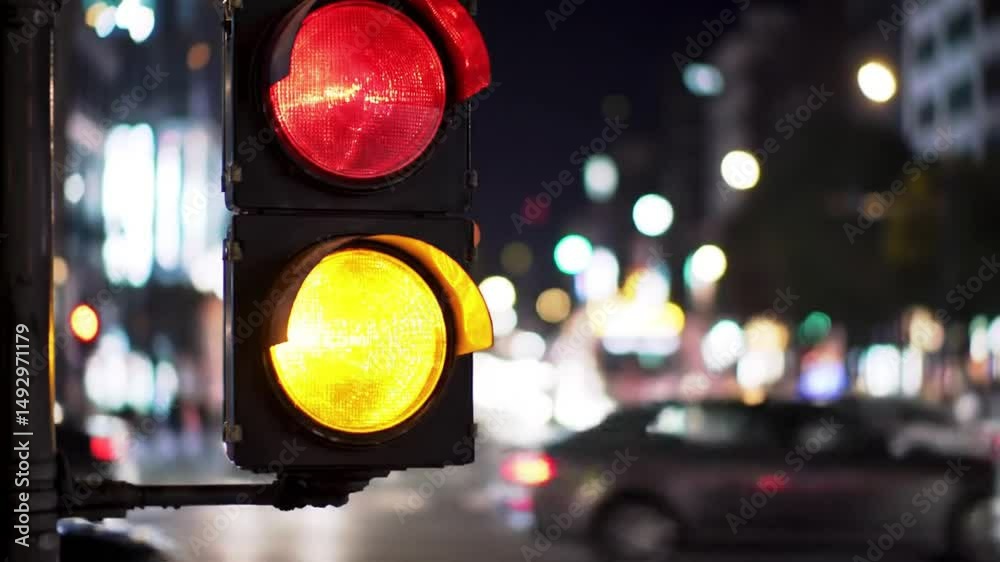 Traffic Light Shifts Between Yellow and Red at Dark Urban Crossroads with Blurred Cars Passing By