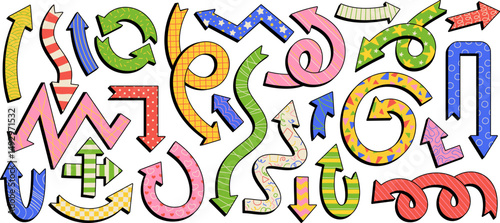 Cartoon funky arrow pointers, playful arrows with abstract patterns. Groovy dynamic wavy shape pointer, comic style arrow signs with hand drawn textures, colorful navigation design elements vector set