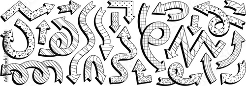 Playful arrows with abstract patterns, funky curved arrow pointers. Various shapes comic style arrow signs with hand drawn textures, groovy bold dynamic pointers, direction design elements vector set
