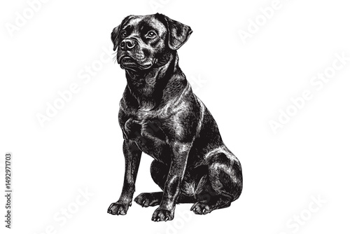 Rottweiler dog sitting engraving, vintage monochrome illustration, hand-drawn animal portrait, trendy black sketch, animal lovers pet decor, dog art, black and white dog portrait