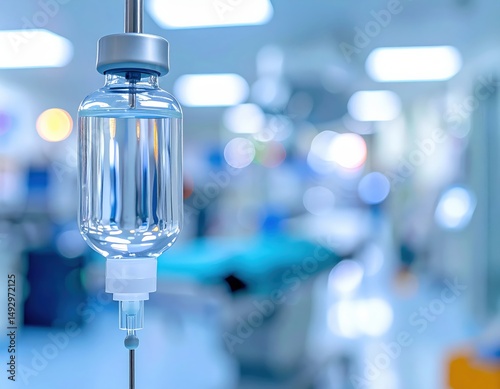 Iv fluid bag in hospital setting with blurred background