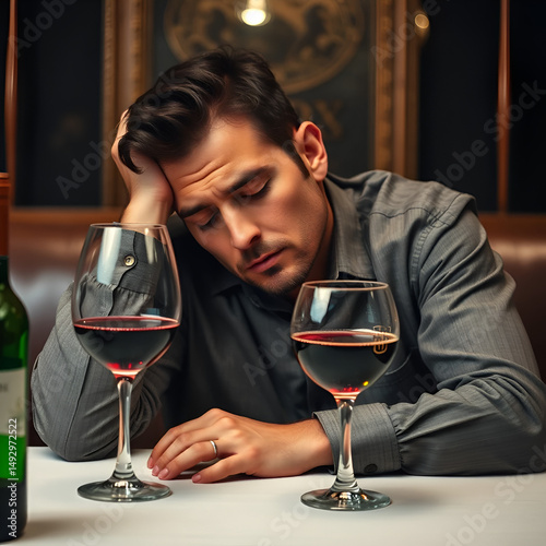 Drunk man sleeping at the table with a glass of wine