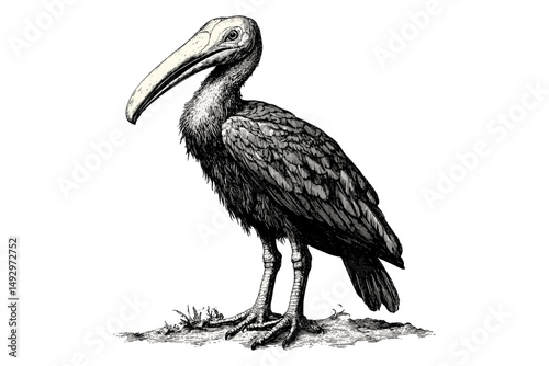 Shoebill Bird Engraving with Raised Neck, Hand-drawn Rare Species, Vintage Etching Style, Trendy Monochrome Sketch, Ornithology Art Print, Tropical Bird Drawing