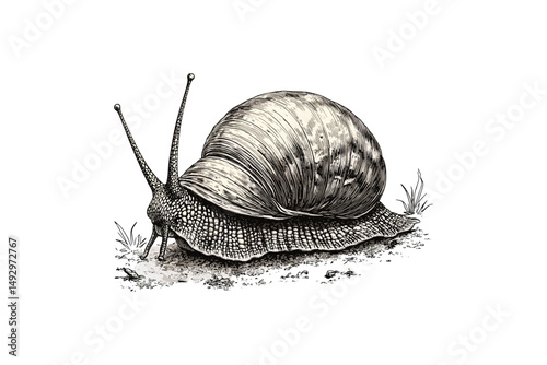 Old Style Snail Etching, Detailed Line Art Mollusk, Hand-drawn Nature Print, Rustic Insect Sketch, Vintage Black Illustration, retro animal wall decor, monochrome artwork