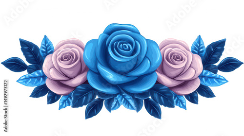 Floral arrangement of pink and blue roses on PNG transparent background