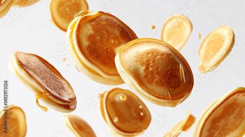 Close-Up of Fluffy Pancakes Flying on White Background