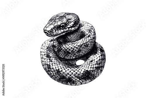 Vintage Snake Engraving, Rustic Reptile Line Art, Hand-drawn Animal Sketch, Monochrome Wildlife Etching, Old Style Nature Illustration, Exotic Snake Tattoo Design,
