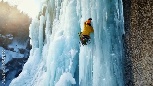 A climber scaling a massive icy wall under natural sunlight, showcasing the thrill of ice climbing in a snowy landscape.
