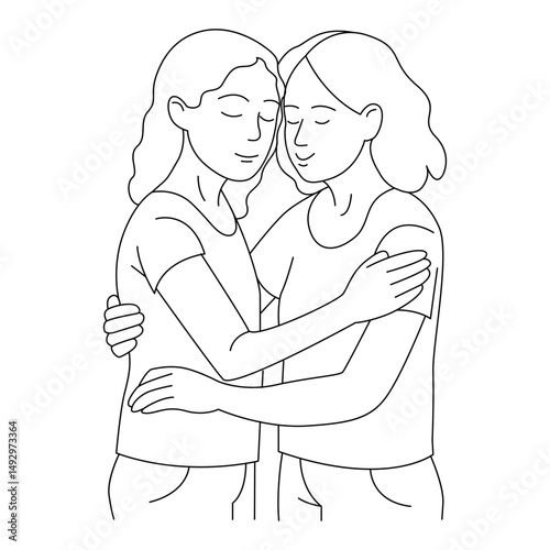 Pride month, pride. Two girls hugging. Simple black line illustration. Vector