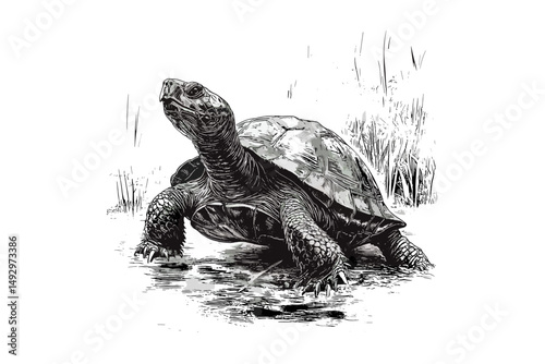 Vintage Snapping Turtle Illustration, Monochrome Reptile Sketch, Swimming Turtle in Pond, Hand-drawn Engraving Style, classic wildlife clipart, vintage turtle drawing,