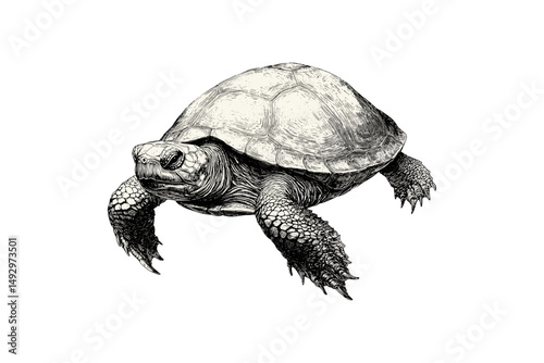 Hand-drawn Snapping Turtle, Monochrome Reptile Art, Swimming Sketch in Vintage Engraving Style, Trendy Pond Wildlife, antique turtle sketch, nature reptile art,