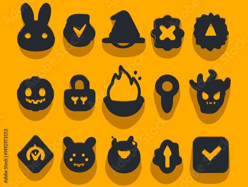 Mysterious Silhouette Elements: Collection of mysterious graphic silhouette icons on yellow background. the elements create intrigue for visual interest.