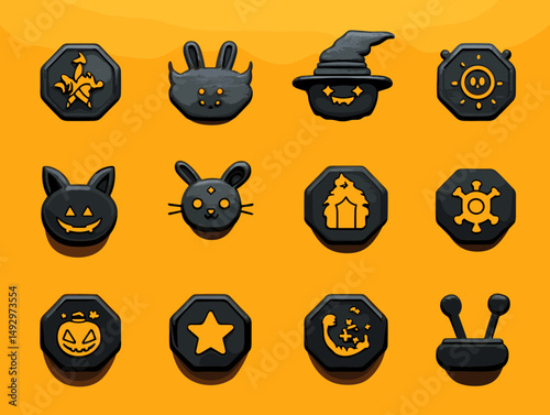 Halloween icons on a Orange background: A collection of Halloween icons with dark icons with an orange backdrop. Evoking the spirit of Halloween and the thrill of the spooky season. 