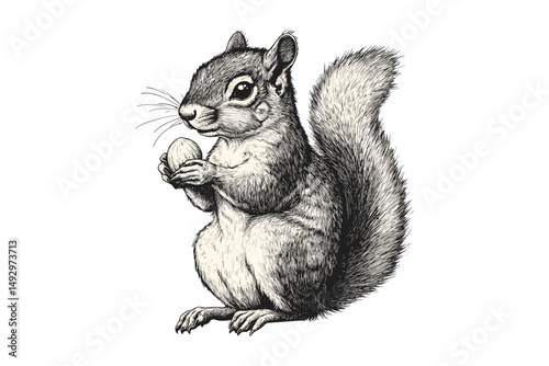 Hand-drawn squirrel engraving, vintage forest animal art, monochrome wildlife etching, old sketch style, trendy autumn nature illustration, rustic woodland decor