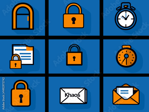 Security and Time Management Icon Set: A vibrant collection of nine modern icons in a flat design style with long shadows. These icons depict key concepts of security and time management.